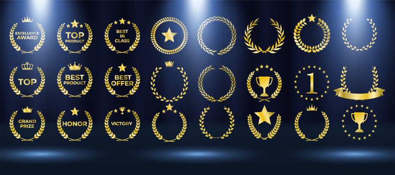 Gold, silver, bronze award emblems shine with royal crowns. Round podium icons highlight success, achievement, and recognition. Laurel wreath frames elegant nominee reward symbols. Golden award badge 
