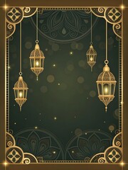 Fototapeta premium Emerald green Eid al-Adha poster with hanging lanterns, sparkling stars, and gold accents for luxury advertising