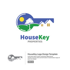 House Key logo template with negatives spaces of roof shape and a green environment inside the key shape.