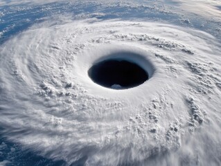 Hurricane eye aerial view from space showing swirling clouds and the dark center of the storm weather phenomenon