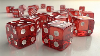 A detailed shot of several red dice with white dots scattered on a white surface in bright light created with generated ai