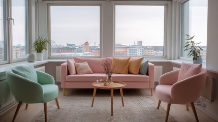Pink and mint green living room with a city view