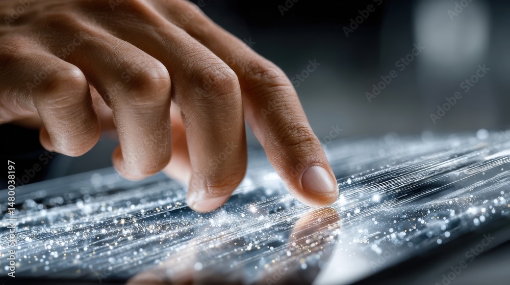 Poster a hand is touching a tablet screen with a white background