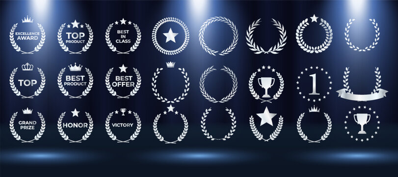 Elegant award emblem set features gold laurel wreath badges. Vector collection includes ribbons, stars, crowns for winners. Luxury nomination graphics suit best player recognitions. Certified prize