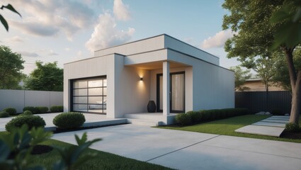 A compact cubeshaped modern suburban house surrounded by greenery and featuring large that allow natural light to flood the interior spaces with contemporary design aesthetics