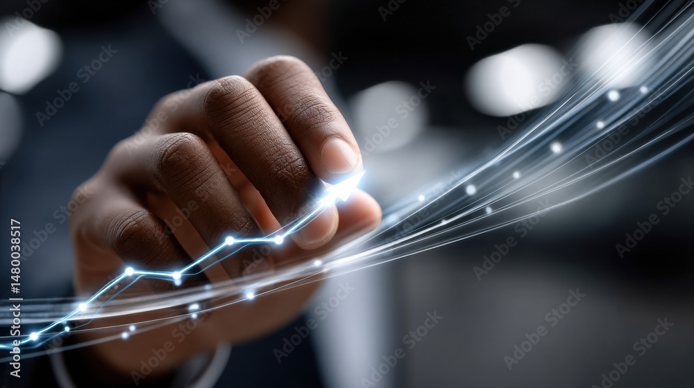 Poster a man is pointing at a graph with his finger