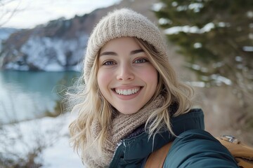 Fototapeta premium Winter Portrait: Smiling Woman in Snowy Landscape
