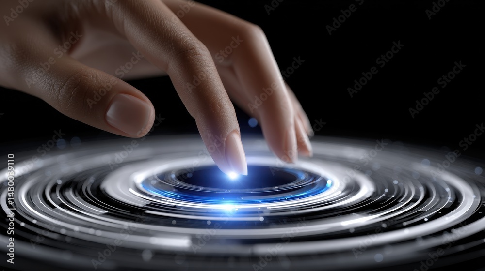 Poster a hand is touching a blue circle with a light on it