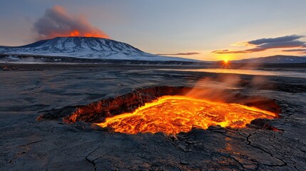 Fiery Sunset over Volcanic Landscape: Molten Lava Pit and Smoking Volcano