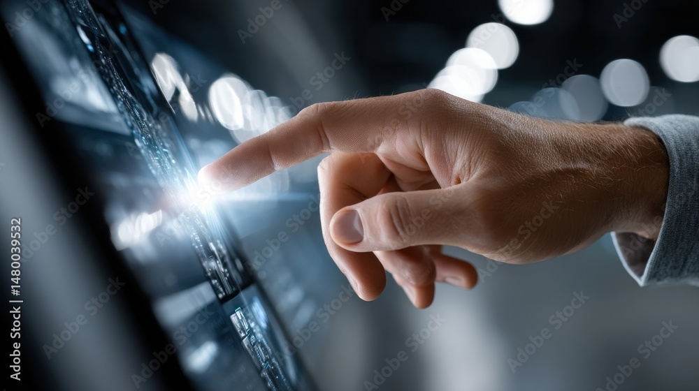 Poster A hand is pointing at a screen with a bright light on it