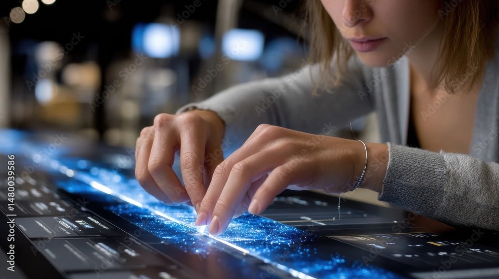 Poster a woman is using a computer with her hands on a blue screen
