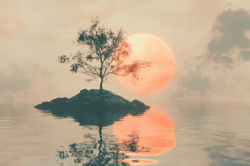 Solitary tree on a small island at sunset reflected in calm water a peaceful scene