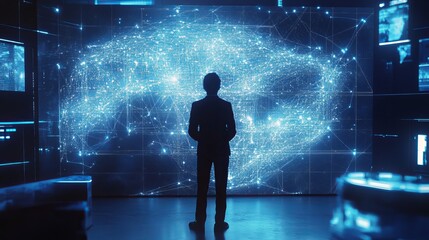 Silhouette businessman observing global network data visualization on large screen display futuristic