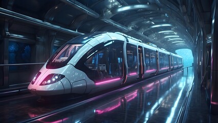Fototapeta premium A glowing underwater train connecting futuristic cities. Cinematic theme, HDR, Vibrant