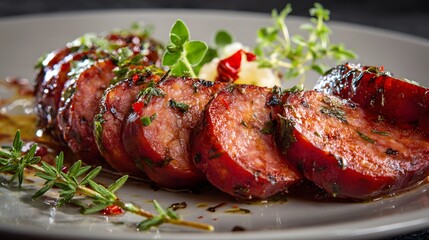 Delectable grilled sausage, artistically sliced, garnished with fresh rosemary and thyme.