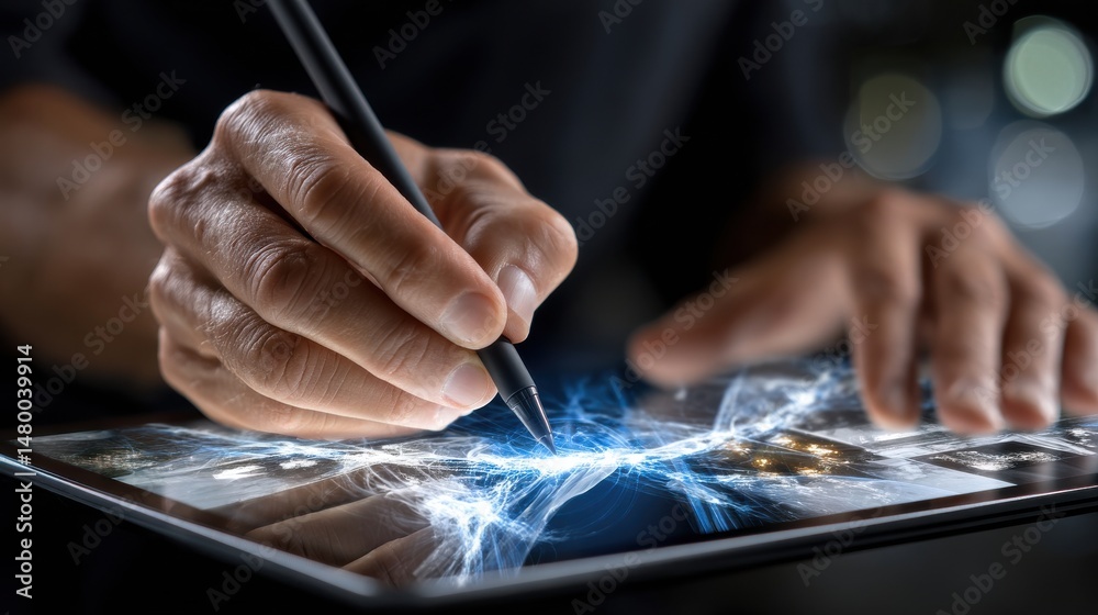 Aufkleber A man is using a stylus to draw on a tablet