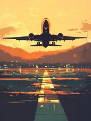 Fototapeta premium Airplane taking off at sunset front view illustration style from airport runway with city lights