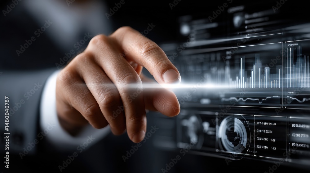 Fototapete A man is pointing at a computer screen with a finger