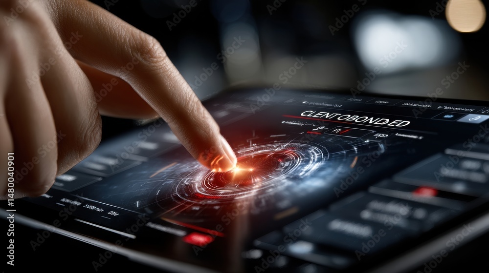 Poster A person is touching a screen with the word 