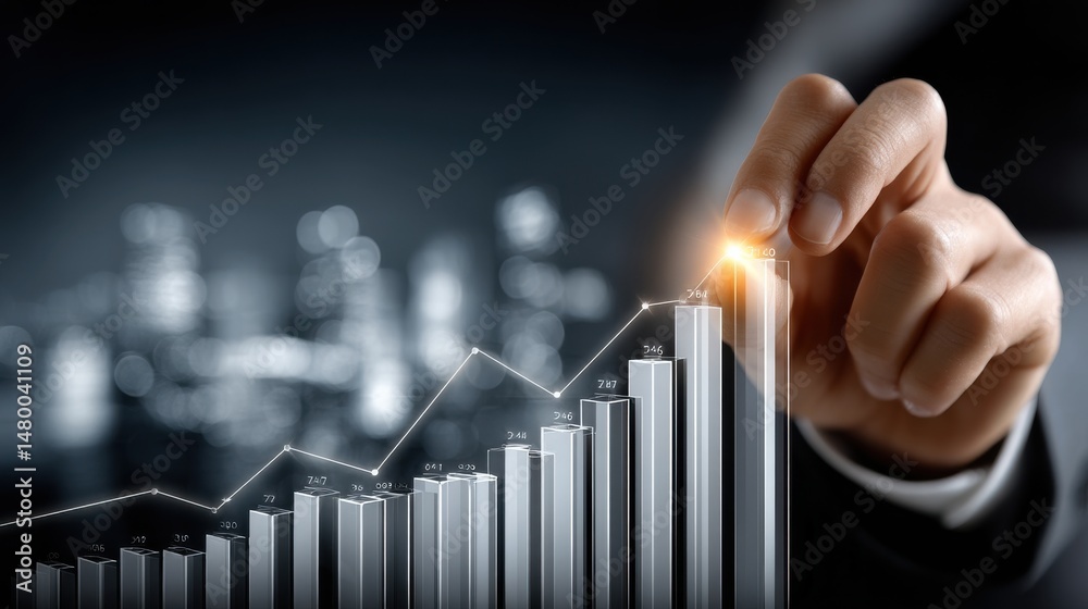 Aufkleber A hand is drawing a graph with a line that is pointing upwards