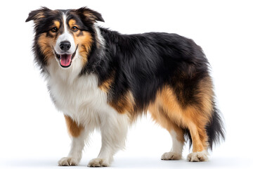 Fototapeta premium A collie dog stands with a happy demeanor, showcasing its fluffy fur and friendly nature in a bright setting