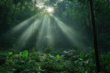 Fototapeta premium Sunbeam piercing through dense jungle foliage.