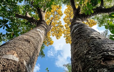 Two tall trees rise dramatically towards a bright sky filled with puffy white clouds