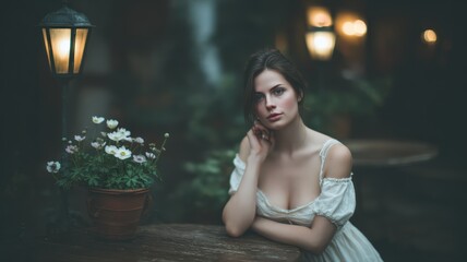 Fototapeta premium Pensive Young Woman in White Dress at Night Outdoor Setting