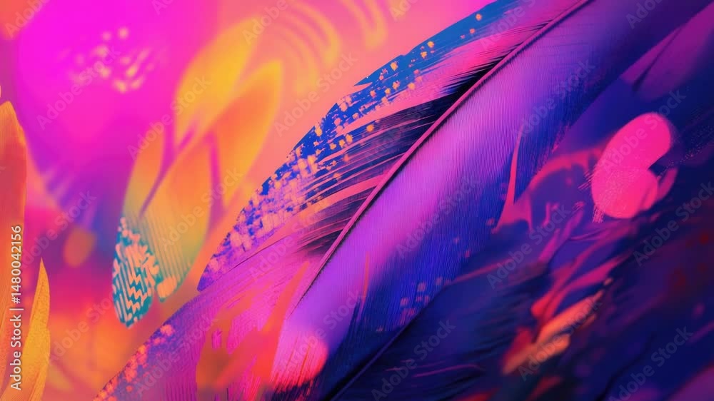 Poster a vibrant feather with intricate details on a blurred background