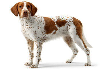 Brittany Spaniel poses with a proud stance, showcasing its distinctive coat and alert expression in a studio setting