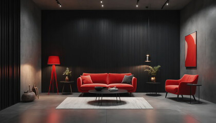 Modern interior with vertical black slatted walls, polished concrete floor, and a red accent lamp on the side. 