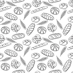 Seamless pattern with hand-drawn bakery products and wheat ears in vintage engraving style on a white background