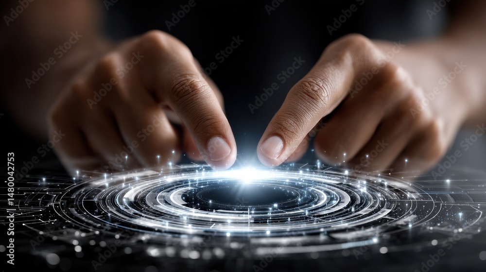 Poster a hand is touching a glowing circle on a screen