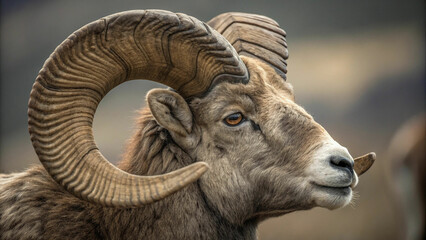 close up portrait of big horn sheep with large horns