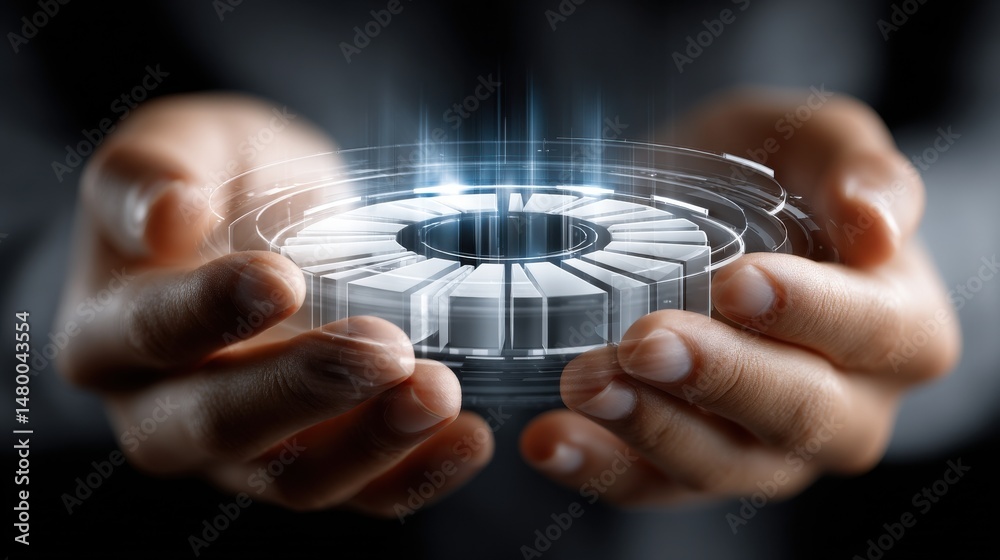 Poster a person is holding a small object in their hand