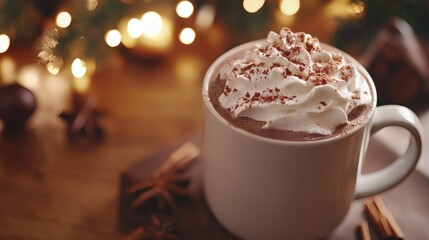 A beautifully decorated mug of hot chocolate with whipped cream and cocoa for a warm feeling.