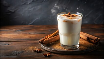 A glass of cold milk with ice cubes and a sprinkle of cinnamon on the rim,dessert,  dessert, winter