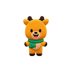 Obraz premium Cute cartoon reindeer character with green scarf and joyful expression stands against transparency background. reindeer has round body and small antlers, adding to its adorable appearance