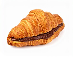 Golden-brown croissant filled generously with smooth, creamy chocolate spread against a clean white background
