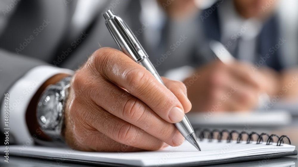 Poster a man is writing in a notebook with a pen