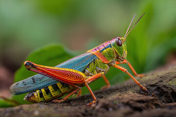 Fototapeta premium Striking grasshopper with vibrant colors and intricate patterns resting on a mossy surface
