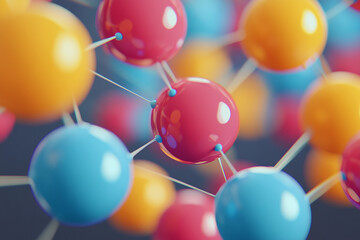 Colorful spheres connected by thin lines forming a complex network abstract structure