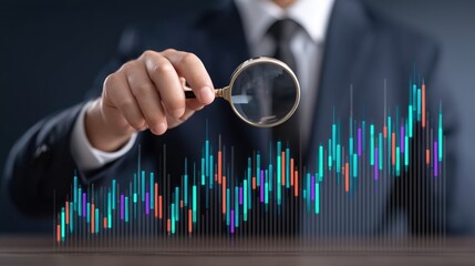 Businessman analyzing holographic stock chart with a magnifying glass