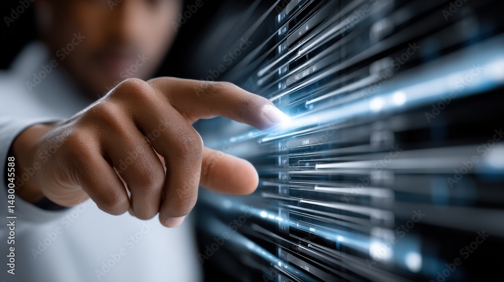 Poster A person is pointing at a computer screen with a blue line