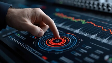 Hand activating futuristic holographic data hub with financial charts