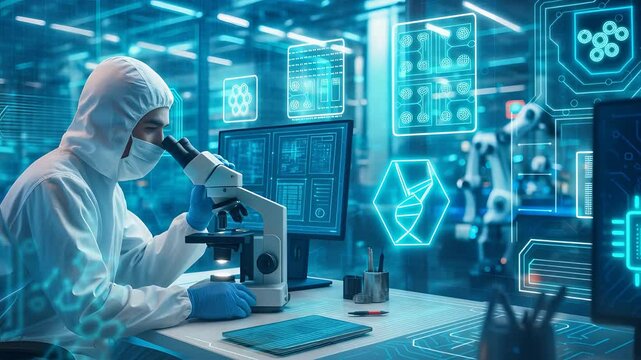 Scientist Using Microscope in Futuristic Laboratory with Holographic Screens and Robotics Representing Advanced Biotech and Scientific Research

