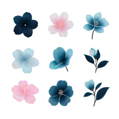 Fototapeta premium Nine delicate floral illustrations in shades of blue and pink, showcasing various flower designs with soft textures and subtle gradients. Each flower has unique shape and petal arrangement