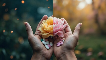 A hand holding a flower with a pill in the other hand