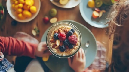 A person holds a jar of oatmeal with berries and nuts, surrounded by plates of fresh fruit.