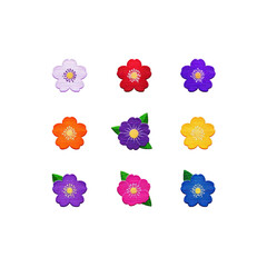 Colorful floral icons arranged in grid pattern on transparency background, featuring various vibrant colors like purple, red, orange, and blue, each with unique design and leaf accents